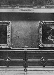 This photograph shows the blank space on the wall after Leonardo da Vinci's iconic painting <i>Mona Lisa</i> (1503) was stolen from the Louvre museum in 1911. Guillaume Apollinaire was shortly after arrested and questioned regarding the theft but no evidence linking him to the crime was found and he was released.