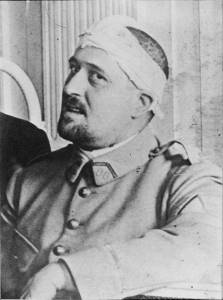 Photograph of Guillaume Apollinaire in spring of 1916 when he was wounded while serving as a soldier in World War I by sustaining a shrapnel wound to his head.