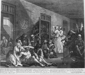 In his series <i>The Rake's Progress</i>, William Hogarth depicted the moral decline of a man named Tom Rakewell who, in the final scene, has become completely “insane” and has been placed in a mental hospital.
