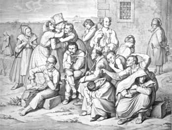 Wilhelm von Kaulbach's 1836 engraving <i>Das Narrenhaus</i> shows the yard of an insane asylum with patient inmates and a drawing that one of the patients made on the wall.