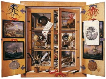 Domenico Remps' <i>Cabinet of Curiosities</i> (c. 1689) is a <i>trompe d'oeil</i> oil painting on shaped canvas.