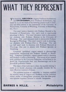 During Barnes's first career as a chemist he made his fortune producing the silver nitrate solution Argyrol. This image is of the page describing the chemical in the American Medical Association's 1906 directory.
