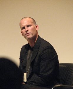 Barney photographed in conversation with Guggenheim curator Nancy Spector, discussing his work and the ways he has been inspired by Joseph Beuys.