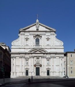 تُظهر كنيسة جيزو ، روما (1584) التوتر المبسط ولكن الدرامي الذي دفع المؤرخ المعماري المعاصر ناثان تي ويتمان إلى تسميتها ، "أول واجهة باروكية حقيقية".  تصوير أليسيو داماتو