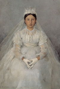 <i>La Communiante</i> (1875) Bastien-Lepage's portrait features a young girl on the day of her First Holy Communion. The forward facing, detached stare of the sitter connotes the solemnity of day's ceremony.
