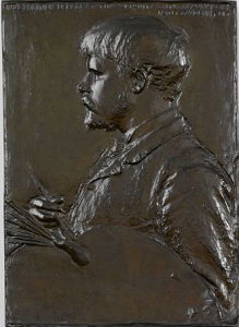 Sculptor Augustus Saint-Gaudens created this relief of Bastien-Lepage in 1880 (cast 1910). Depicted in profile, he holds the tools of his trade; paintbrushes and a palette.