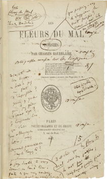 This title page of the first edition of Charles Baudelaire's <i>Fleurs du Mal</i> published in 1857, features handwritten notes by the author. A second, expanded, edition appeared in 1861.