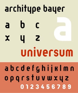 <i>Proposal for a Universal Typeface</i> (c.1925). Although the original design was not cast into real type, it has been subsequently released digitally as <i>Bayer Universal</i>.