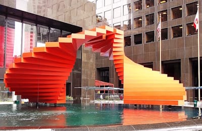<i>Double Ascension</i> (1969). Originally titled <i>Stairway to Nowhere</i>, Bayer's striking fountain sculpture is the focal point of the ARCO Plaza.