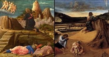 إلى اليسار: <i> The Agony in the Garden </i> بقلم أندريا مانتيجنا (1455-56) إلى اليمين: <i> العذاب في الحديقة </ i> بقلم جيوفاني بيليني (1458-60)