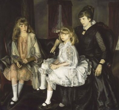 <i>Emma and Her Children</i> (1923) Museum of Fine Arts, Boston. In a letter to Henri, Bellows described a technical innovation that allowed him a new-found freedom akin to that of drawing. As the MFA Boston records it: “By laying out the composition in two colors at the outset, as seen in the purple and orange that dominate the study for this portrait, Bellows achieved 'the fresh first excitement' of the composition. Seeking to emulate the spontaneity of Renoir and the French Impressionists and his teacher Henri, Bellows hoped to establish the essential idea of the composition in one day of painting”.