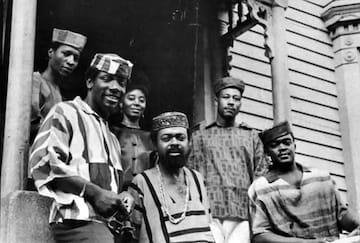 Amiri Baraka (center) and Yusef Iman (second from left) with musicians and actors of the Black Arts Movement, Spirit House, Newark, New Jersey, 1966.