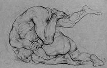 <i>Two Wrestlers</i> (1936). Abeles writes, Bloom and Levine were encouraged by Zimmerman “to return to the wrestling or boxing matches, or to concert halls or the events in the streets [...] but when at work on these sustained drawings, each young artist was required to be alone with his developing abilities to recall, visualize, and conjure”.