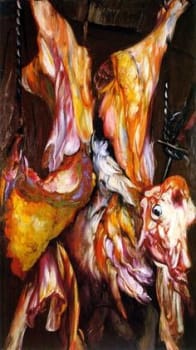 <i>Slaughtered Animal</i> (1953). The Museum of Fine Arts, Boston describes how this painting featured in a full-page illustration in <i>Time</i> in 1954. Its caption read: “Hyman Bloom brings the bravura brushwork of a society portrait to a gory 'Slaughtered Animal'. The subject of flayed animal carcases had challenged many artists before Bloom - including Rembrandt, who he greatly admired”.
