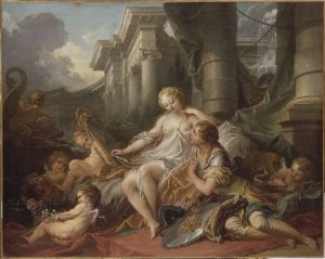 Boucher's <i>Rinaldo and Armida</i>, painted in 1734, was his official reception piece at the Académie. His use of chiaroscuro and classical architecture demonstrate the lessons that he had absorbed when traveling in Italy.