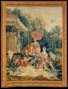 Boucher designed many tapestries including a series known as the <i>Fêtes Italiennes</i>, which featured idyllic landscapes and lighthearted picnic scenes.