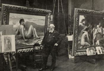 Photograph of Bouguereau (1904) next to his <i>The Wave</i> (1896) at left, and <i>Admiration</i> (1897) at right