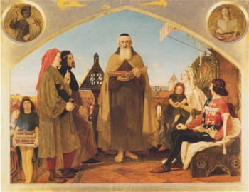 <i>John Wycliffe reading his translation of the Bible to John of Gaunt</i> (1847). Brown's art was profoundly influenced by his meeting with Friedrich Overbeck and Peter Cornelius of the devout Nazarene movement.