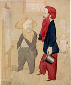 Ford Madox Brown with William Holman Hunt on the right, by caricaturist Max Beerbohm's “Rossetti and his circle”.