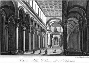 كنيسة سانتو سبيريتو ، نقش بواسطة A. Parboni في <i> Nuova Guida ... della Città di Firenze </i> (دليل جديد لمدينة فلورنسا) ، 1856