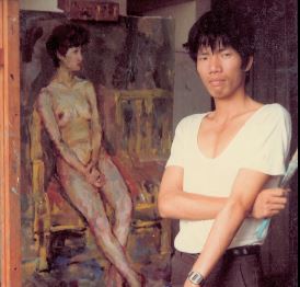 Photo of young Cai next to an early painting