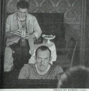 Left to Right: Robert Capa and John Steinbeck in <i>Ladies' Home Journal</i>, 1948. Image source: <i>Ladies' Home Journal</i>, February 1948