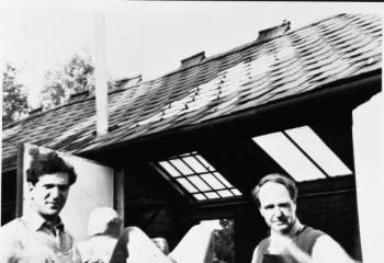 Caro with Henry Moore at Moore's studio in Much Hadham, Hertfordshire (c. 1952)