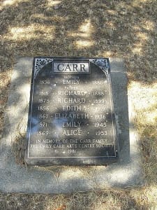 Carr family tombstone, including the name of artist Emily who died in 1945, in the Ross Bay Cemetery in Victoria, Canada.