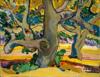 Emily Carr was inspired by the Post-Impressionist and Fauvist paintings she saw while in France and while abroad she painted several works in these styles depicting the French countryside including her 1911 painting, <i>Trees in France</i>.