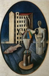 <i> بيضاوي الظهور </ i> (1918).  إحدى لوحات كارا الميتافيزيقية ، والتي تميزت بتجاور الأشياء والأشكال غير المتوافقة ، فضلاً عن التركيز على الترتيب الهندسي.