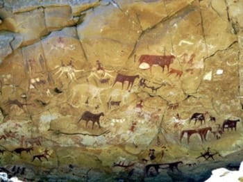 Cave paintings found in the Ennedi Mountains in Chad, South Africa dating back 10,000 years. Both animals and figures are part of this prehistoric painting.