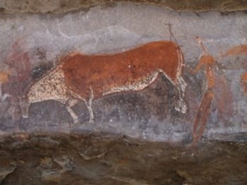 Depiction of human male figure with antelope head and hooves from up to 3,000 years ago, found in the Game Pass Shelter in the Drakensberg Mountains of South Africa.