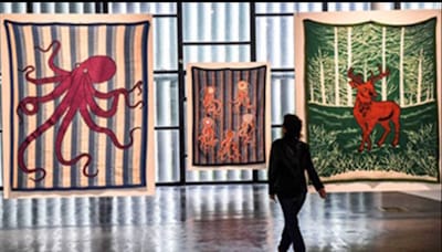 Textile work by Feliciano Centurión at the São Paulo Biennial in 2018. Paint and embroidery on blankets.