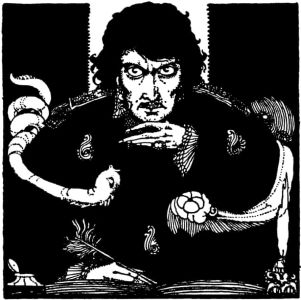One of Clarke's “menacing” illustrations from Poe's <i>Tales of Mystery and Imagination</i> (1919).