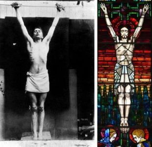 Left: Photograph of Clarke in the posture of crucifixion. Right: Close up of <i>The Crucifixion and the Adoration of the Cross by Irish Saints</i> (1920) in St Joseph's Church, Terenure, Co. Dublin