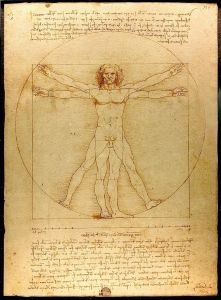 استند <i> الرجل الفيتروفي </ i> (1490) لليوناردو دافنشي (1490) على النسب البشرية المشتقة من فيتروفيوس.