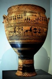 The Hirschfeld Krater (mid-8th century BCE), showing a scene of a procession carrying a body to the tomb, exemplifies a late Geometric work.