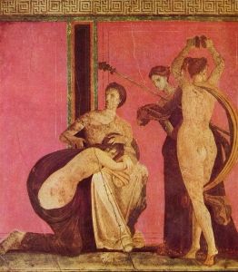 This fresco from the Villa of Mysteries (80 BCE) is believed to depict a religious rite, as women or the Bacchae, worshipped the god Dionysius.