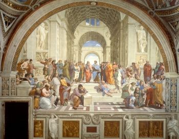 يُظهر رافائيل <i> مدرسة أثينا </ i> (1511) ، لوحة جدارية شهيرة من عصر النهضة ، التأثير الطويل الأمد وأهمية الفلاسفة اليونانيين ، كما تم تصوير أرسطو وأفلاطون في المركز.