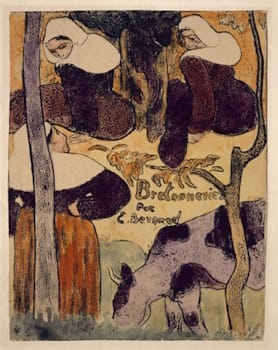 A zincography from Émile Bernard's <i>Les Bretonneries</i> (1889) printed in black on vellum, revised with watercolor and gouache