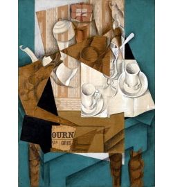 Juan Gris' <i>Le Petit Déjeuner</i> (<i>Breakfast</i>) (1914) extends the pasted papers to the edge of the pictorial plane.