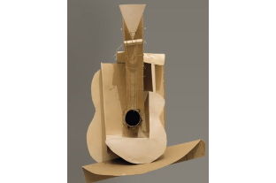 Pablo Picasso's <i>Maquette for Guitar</i> (1912), using paperboard, string, twine, coated wire, and other materials, is the earliest surviving example of a collage construction sculpture.