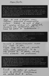 George Maciunas's <i>Fluxus Manifesto</i> of 1963. Some Concrete Poetry was similar to the mixed media art promoted by the Fluxus movement, particularly when performed live.