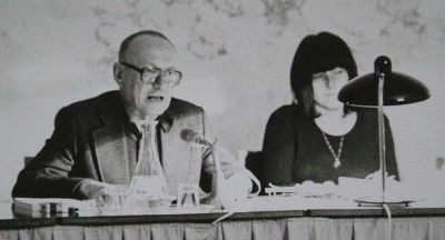The Austrian Concrete Poet Ernst Jandl at a public reading in 1974 with the poet Friederike Mayröcker.