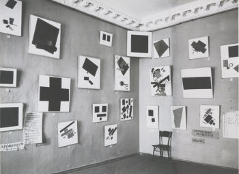 <i>The Last Futurist Exhibition of Paintings 0,10</i>, Petrograd (1915-16). In conjunction with the exhibition, Malevich published his manifesto, <i>From Cubism and Futurism to Suprematism in Art</i>, in which he argued that Suprematism had brought about a new sense of awareness and transcendence in art.