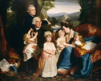 <i>The Copley Family</i> (1777). Copley's family portrait records his joy at being reunited with his family who had joined him in London (from Boston). The artist himself is shown turning away from a sheaf of sketches to look directly at the spectator.