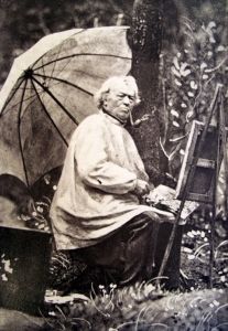 Corot with his box easel, painting <i>en plein air</i>. From <i>L'Album des photographies dans l'intimité de personnages illustrés</i>, 1845-1890.
