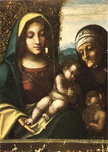 <i> مادونا والطفل مع القديسين إليزابيث وجون المعمدان </ i> (حوالي 1510) يُظهر دين كوريجيو الأسلوبي إلى لورينزو كوستا وأندريا مانتيجنا.