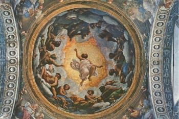 <i> رؤية القديس يوحنا على بطمس </ i> (1520-1523).  يبدو أن أول اللوحات الجدارية ذات القبة الشهيرة لكوريجيو تقدم للمشاهد بوابة إلى الجنة نفسها.