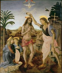 <i>The Baptism of Christ</i> (1475). This collaboration between Verrocchio and Leonardo gave an early indication of Leonardo's lightness of touch and serves as an example of the “pupil overtaking his master”.